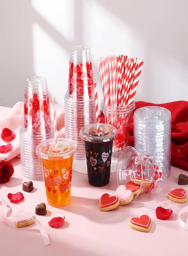Ferrochef 50 Set 12 oz Valentine's Day Disposable Plastic Cups with Lids and Paper Straws Pink Red Heart Love Cups for Beverage Drinking Hot Cold Coffee Wedding Birthday Anniversary Party Supplies - Image 4